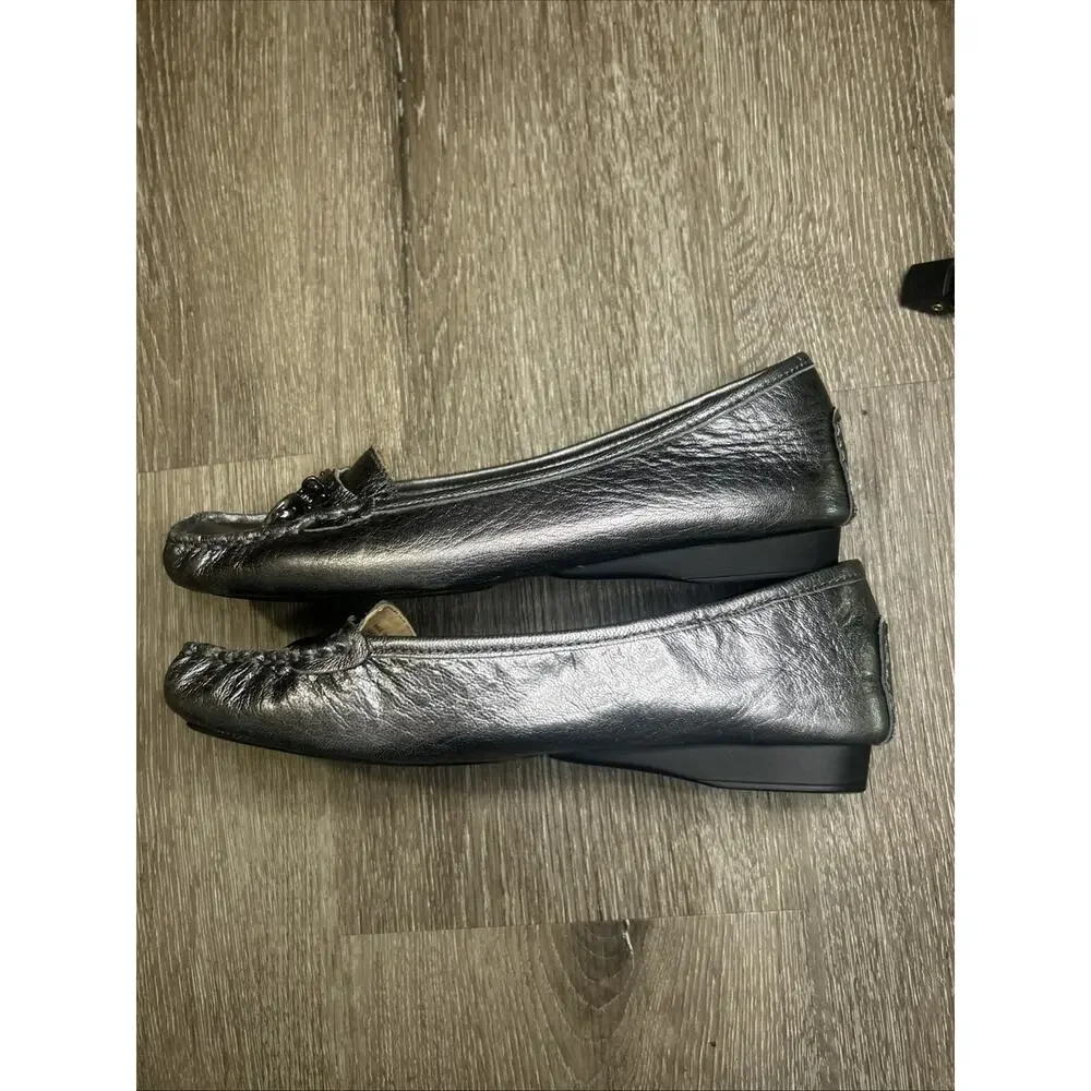 Michael Kors Silver Leather Loafer Flats Logo Accent Square Toe for Women Sz 7.5